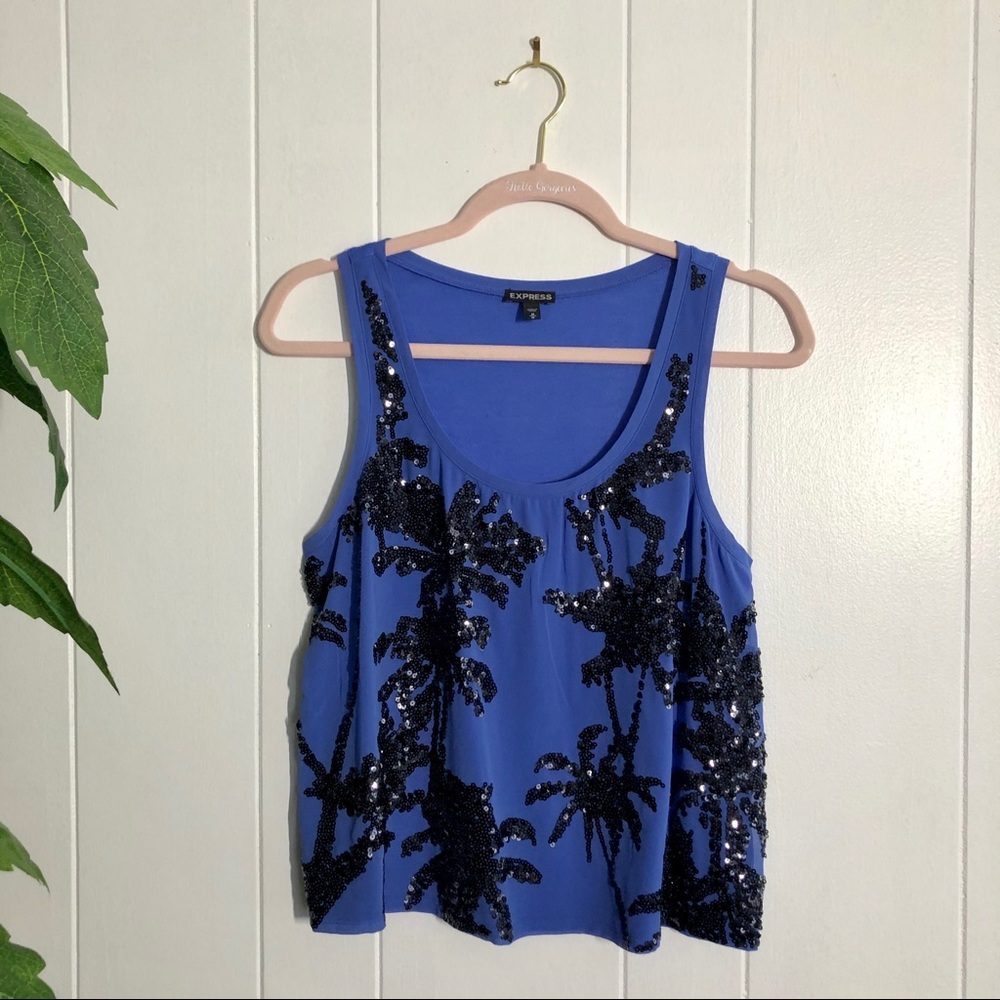 Express Blue Tank with Sequin Palms Pattern
